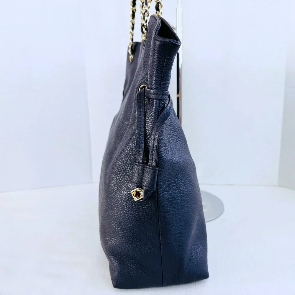 Tory Burch THEA Navy Blue Pebbled Leather‎ Gold Chain Shoulder Tote Bag